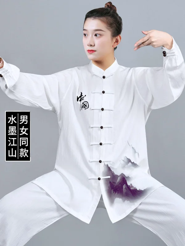 تاي جي البدلة النسائية ممارسة الملابس الرجالية أداء ارتداء زي ثمانية أقسام بروكيد Shadowboxing اللؤلؤ القنب الطباعة