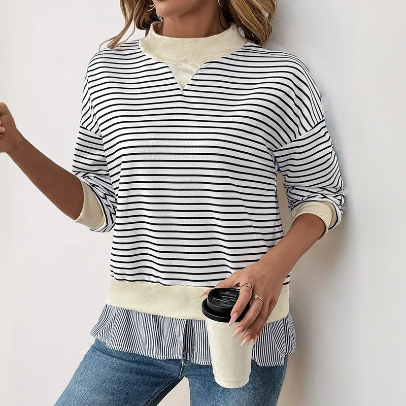 2026 Women Striped Print Sweatshirts Long Sleeve Ruffle Hem Fake Two-piece Shirt Female Loose Pullovers Streetwear Ladies Tops