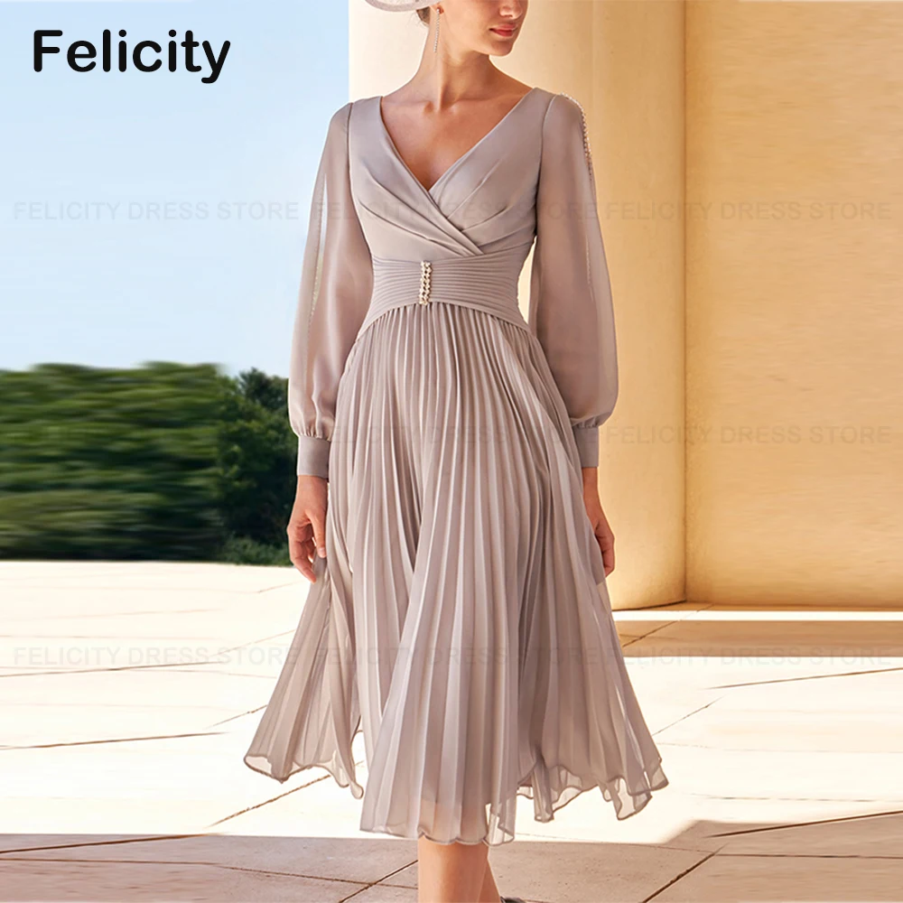 Modern Wedding Guest Dresses A-Line V-Neck Mother of the Bride Dress 2023 Chiffon Pleated Beading Tea-Length Evening Party Gowns