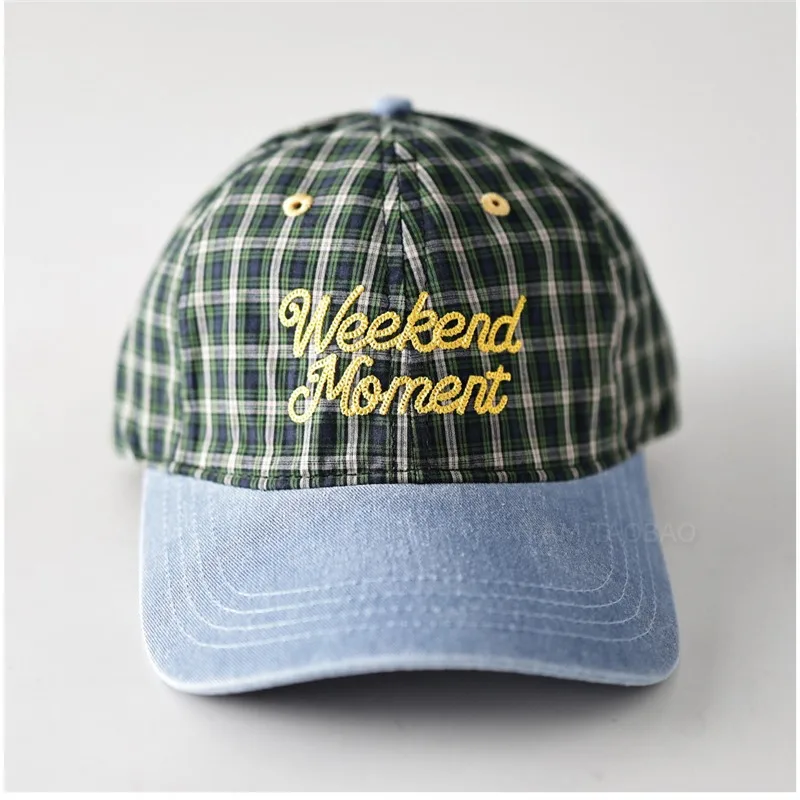 Plaid Denim Patchwork Baseball Cap with Weekend Moment Embroidery for Daily Wear Vintage Tartan Check Dad Hats Unisex