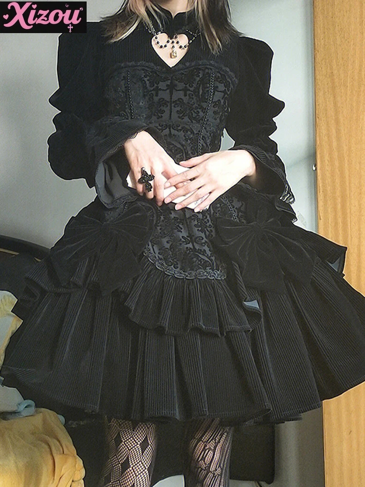 

Dark Gothic Lolita Dress Women's Christmas Autumn Winter New Year's Dress Classical Jacquard Long-sleeved Tutu Dress for Women