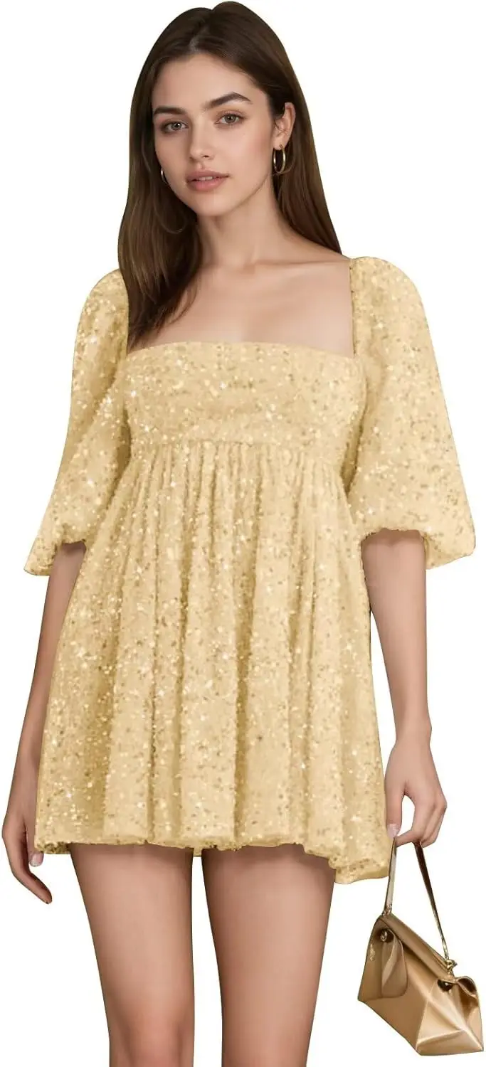 Short Sleeves Homecoming Dresses for Teens Sparkly Sequin Square Neck Short Prom Dress for Women 2026 Graduation Party Dresses