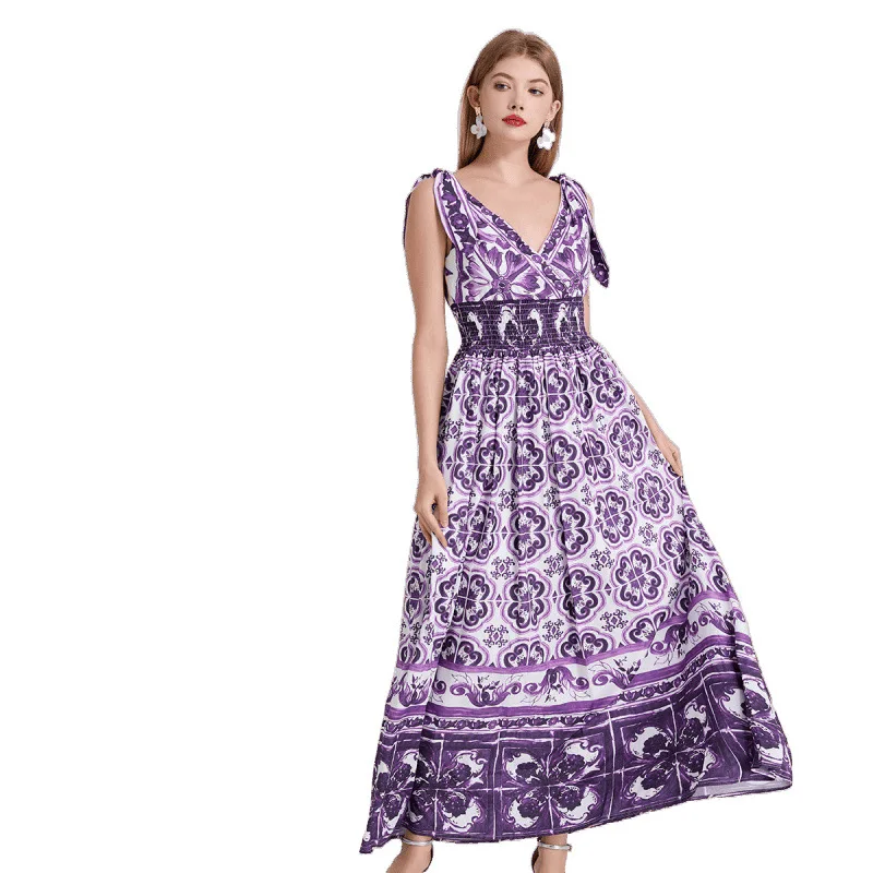 فستان مثير بياقة على شكل V مع طباعة وخصر مرتفع مطاطي، مع ربطة فراشة وتنورة واسعة ضيقة، تصميم خريفي سميك بأكتاف مكشوفة على الط... #3