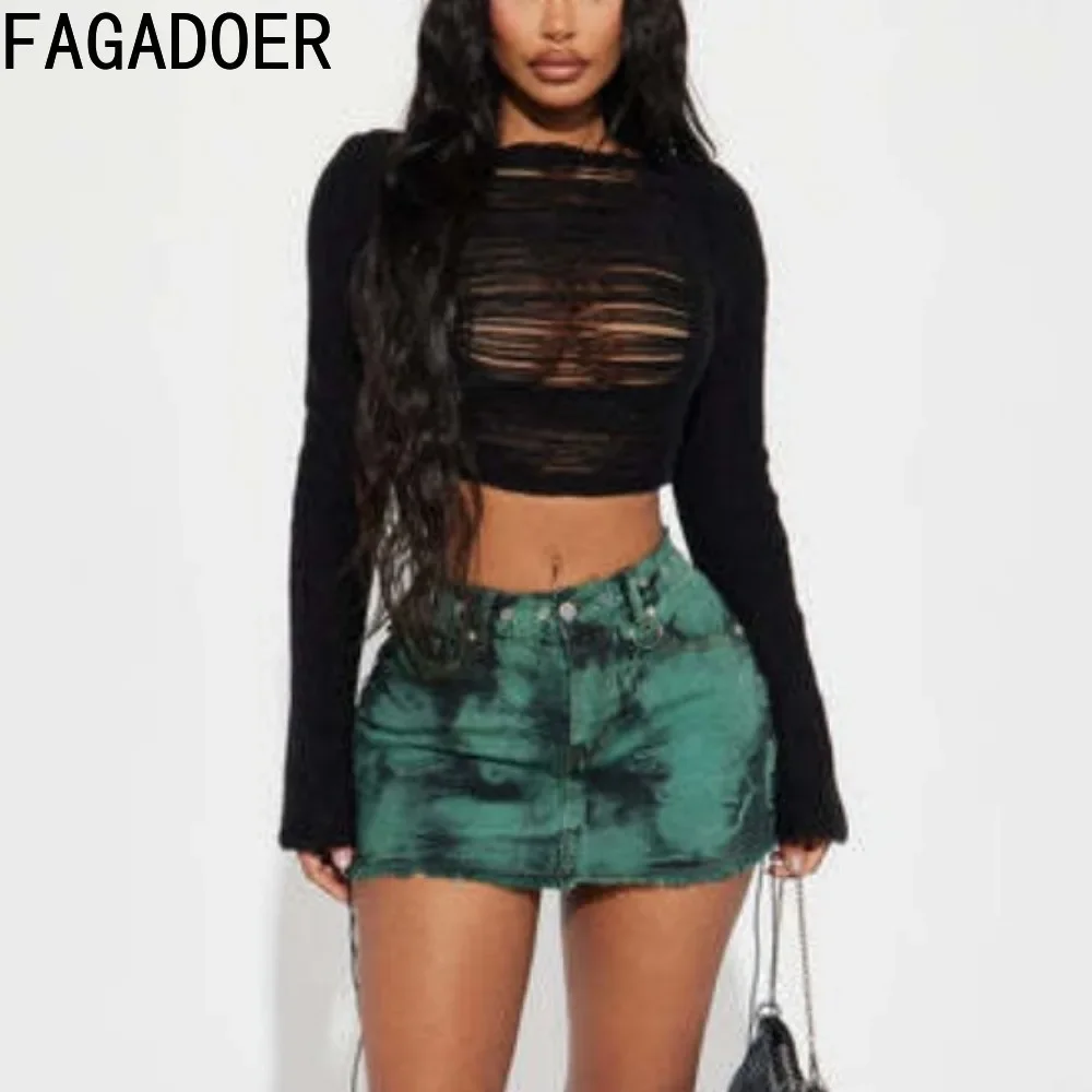 

FAGADOER Fashion Knitting Hole Hollow Out Crop Tops Women Round Neck Long Sleeve Slim Tshirts Female Solid Color Clothing 2024