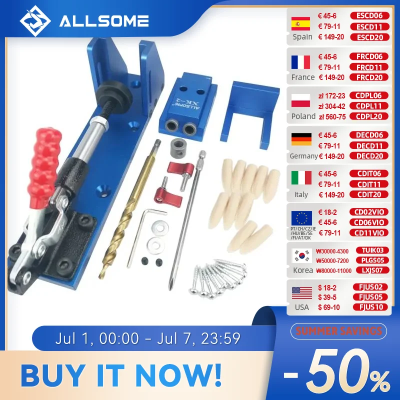 ALLSOME Wood Working Tool Pocket Hole Jig with Toggle Clamp and 9.5mm Drill Bit PH1 Screwdriver For Carpenter Hardware
