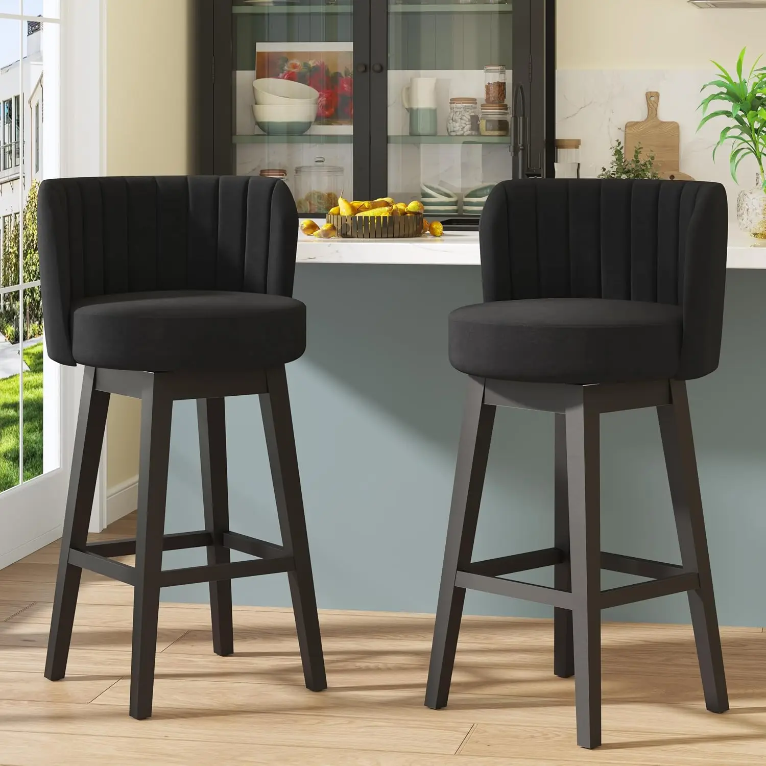 Black Swivel Bar Stools Set of 4 with Wood Legs 30" Counter Height Kitchen Dining, Customized - view 3