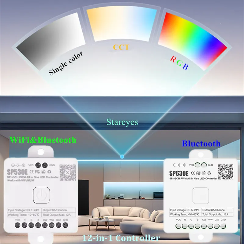 WiFi SP530E Bluetooth SP630E PWM SPI 12 in 1 LED Controller DC5-24V for WS2811 WS2812B Single Color RGB RGBW RGBCCT Strip Light