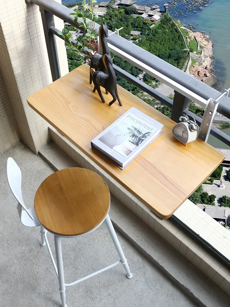 Balcony railing hanging table Solid wood foldable lifting hanging table