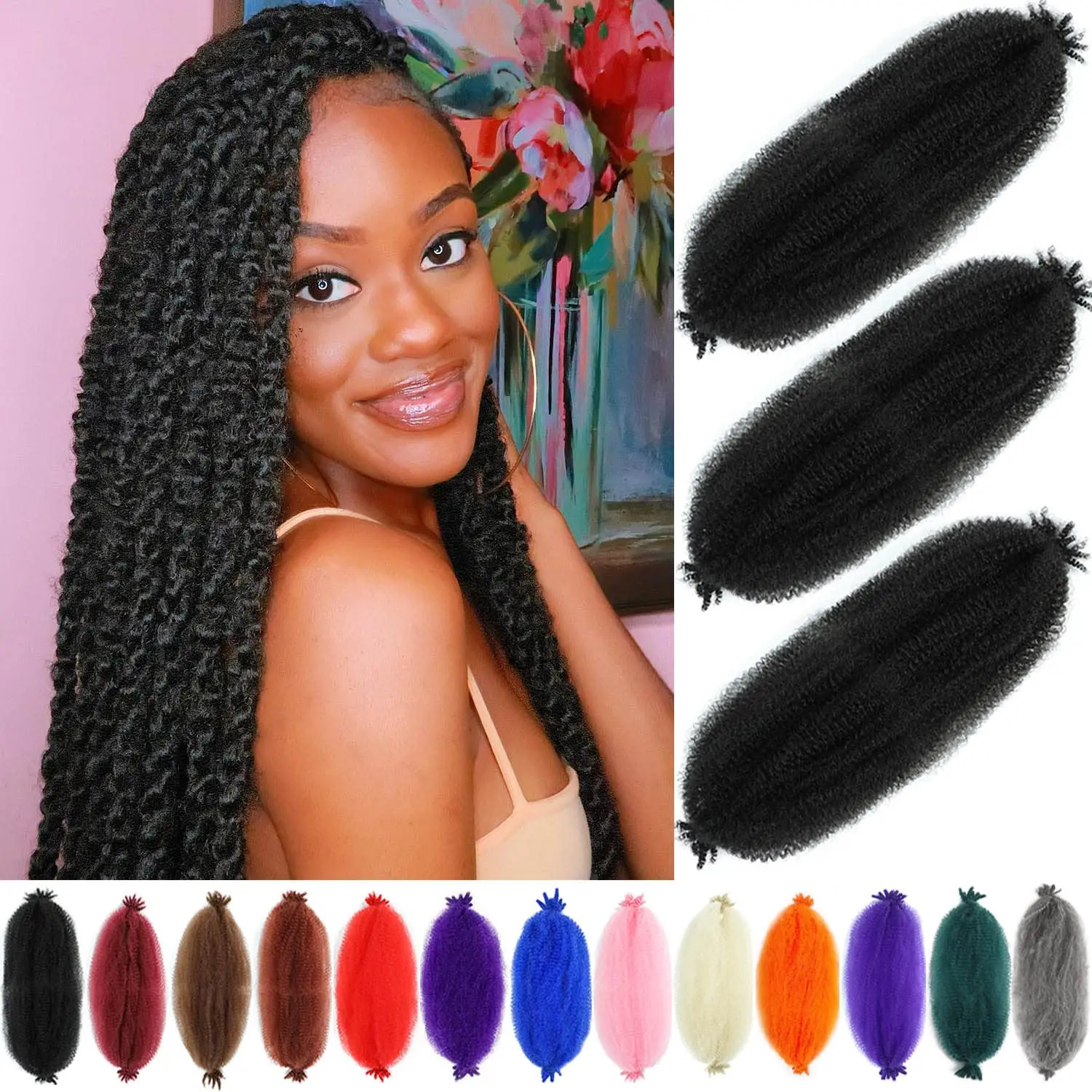 

Afro Twist Hair 24 Inch 3 Packs, Springy Afro Twist Hair Pre Fluffed Spring Twist Hair Pre Stretched Wrapping Hair for Soft Locs