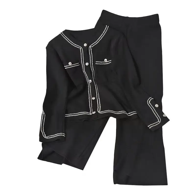 Spring/Autumn Women's Wear Korean Edition Contrast Color Round Neck Cardigan Knitted Top Slimming Wide Leg Pants Two Piece Set
