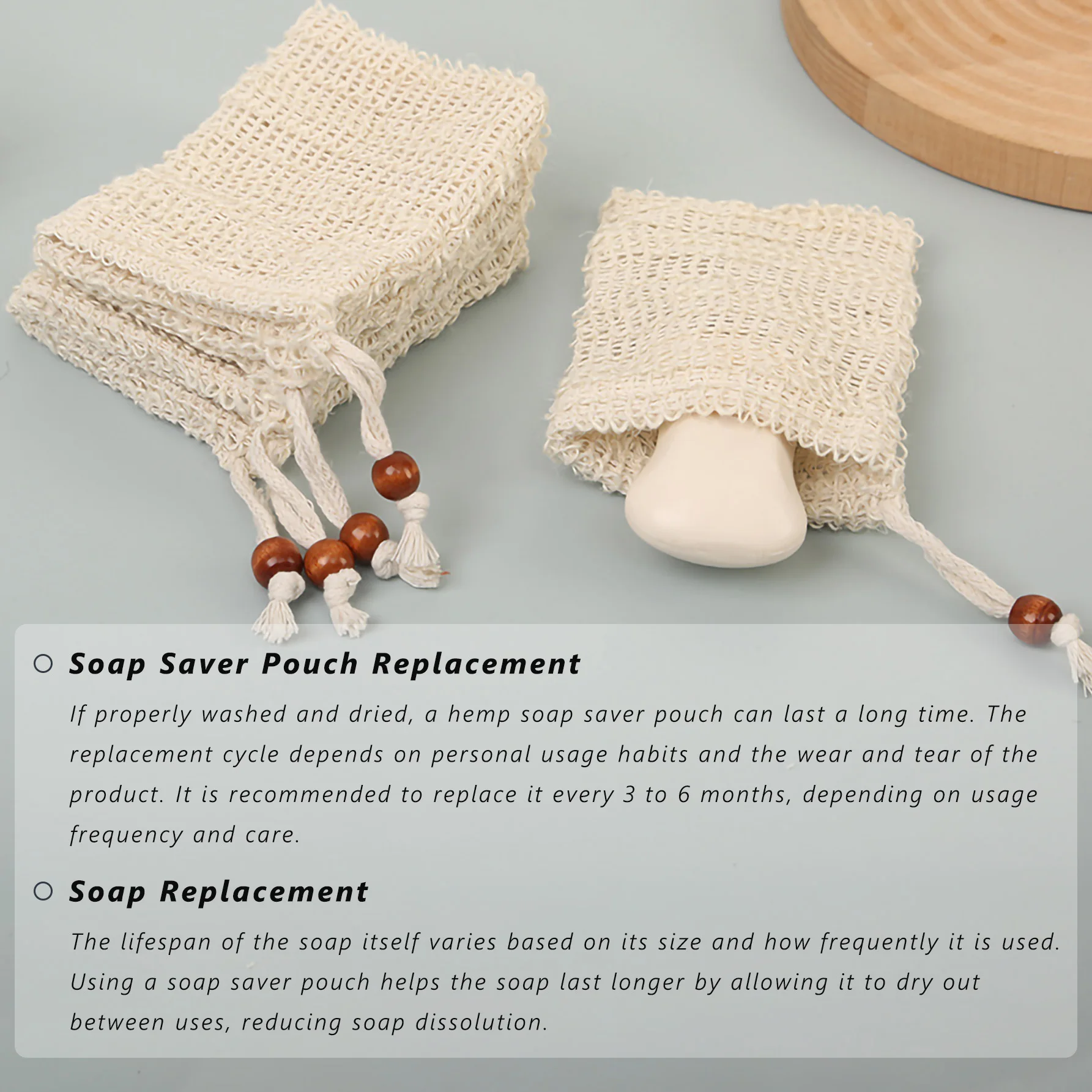 حقيبة حفظ الصابون من القطن والكتان الطبيعي، قطعتان من الرغوة الغنية برباط خشبي لتقشير الصابون للتنظيف اللطيف