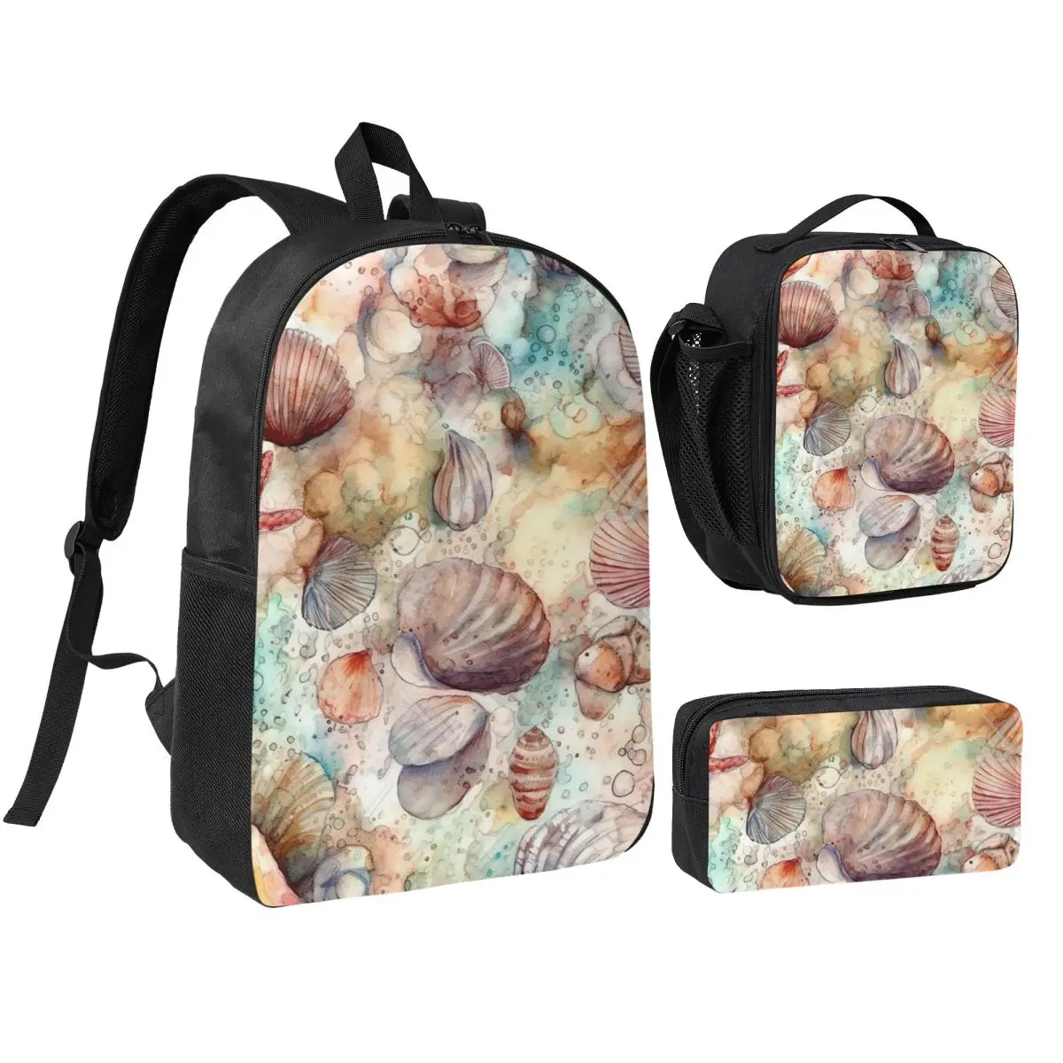 Colorful Watercolor Shell Pattern Backpack Student BookBag School Bag Shoulder Bags 3ps Insulated Lunch Bag Pencil Case