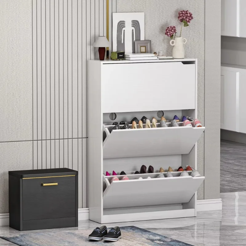 Shoe cabinet storage in the entrance channel, 3 flip drawers, three-layer white shoe cabinet freestanding wooden shoe rack