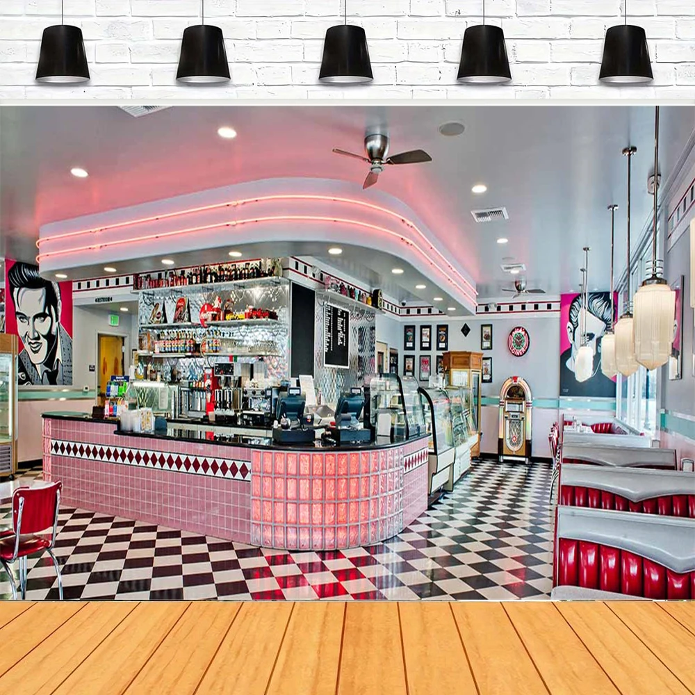 Fondo de fotografía de los años 50, comedor americano, comida rápida, tienda de refrescos, restaurante, helado, taburetes de Bar, póster, decoración Interior, fondo