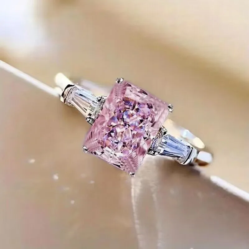 BKBK Silver Radiant Cut Pink Gem Taper Baguette Accent Women Rings Engagement Wedding Rings Anti-Oxidation Fashion Jewelry Brides Ladies Valentine Xmas Proposal Luxury Sparkling Statement Finger Band