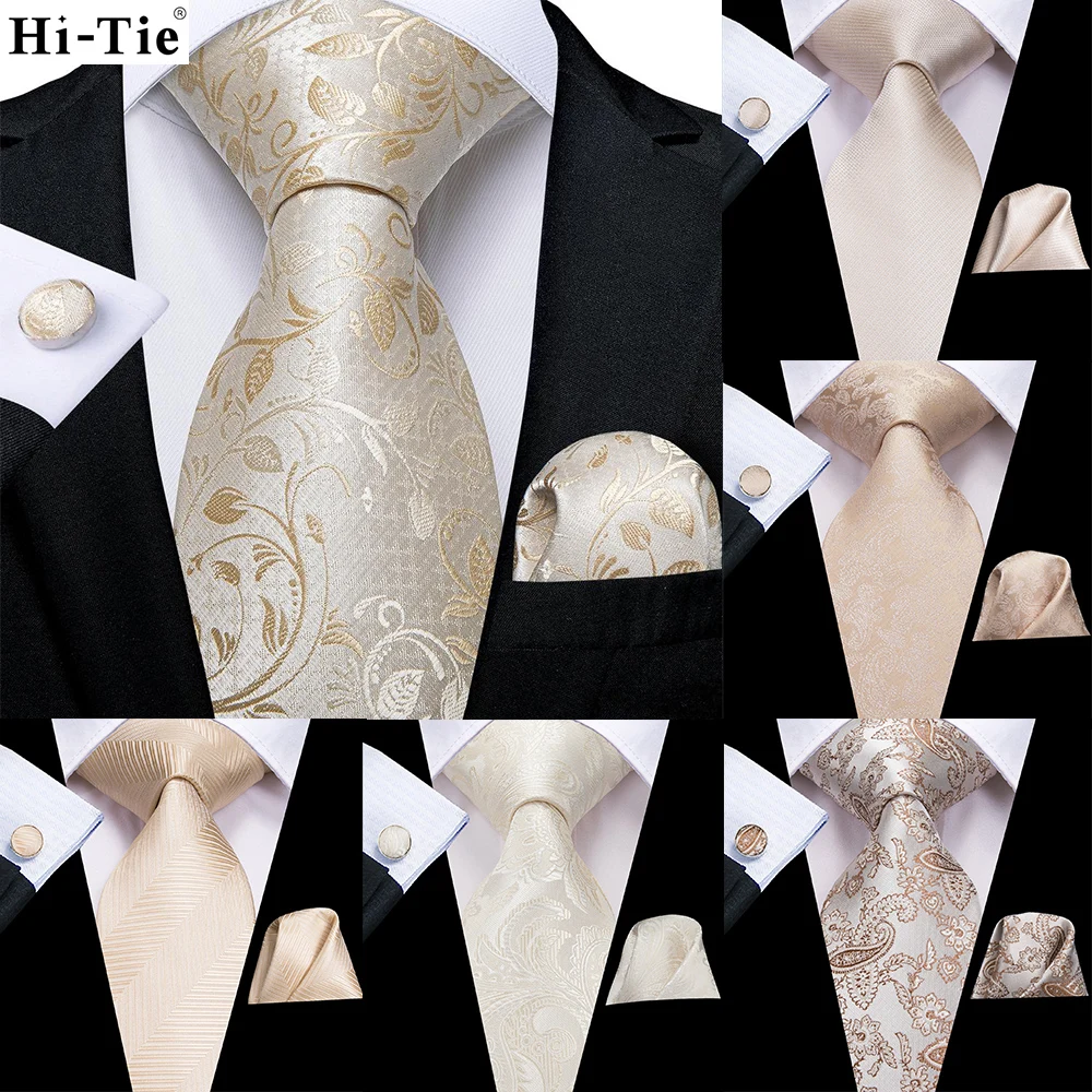 Hi-Tie Champagne Beige Floral Designer Silk Wedding Nicktie For Men Hanky Cufflink Gift Mens Tie Set Business Party Dropshipping