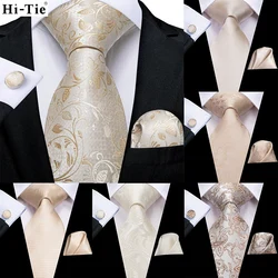 Hi-Tie Champagne Beige Floral Designer Wedding Nicktie For Men Hanky Cufflink Gift Mens Tie Set Business Party Dropshipping