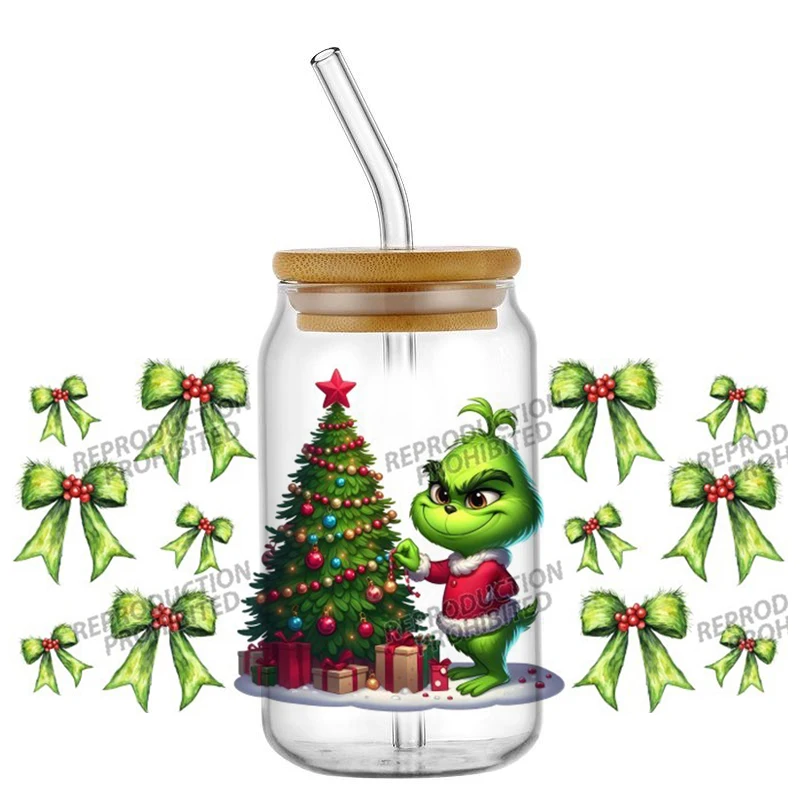 Christmas Green Monster Gift Bow UV DTF Cup Wrap Waterproof Cold Transfer Sticker for 16oz Libbey Glass Can DIY Xmas Gift Decor