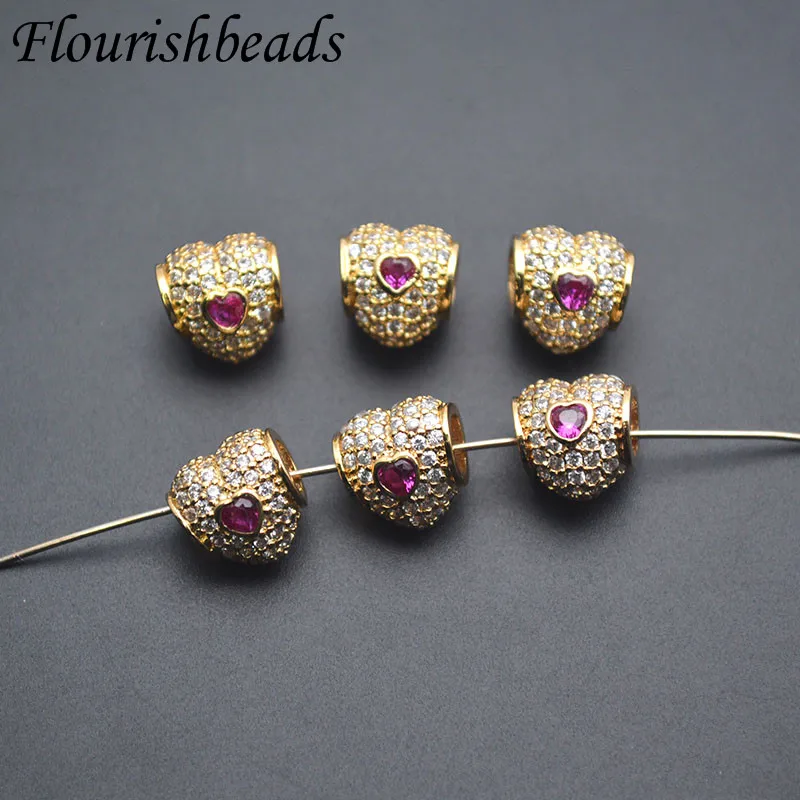 10pc 10mm 18k Gold Plated Garnet Color CZ Heart Shape Big Hole Metal Spacer Beads for DIY Bracelet Jewelry Making