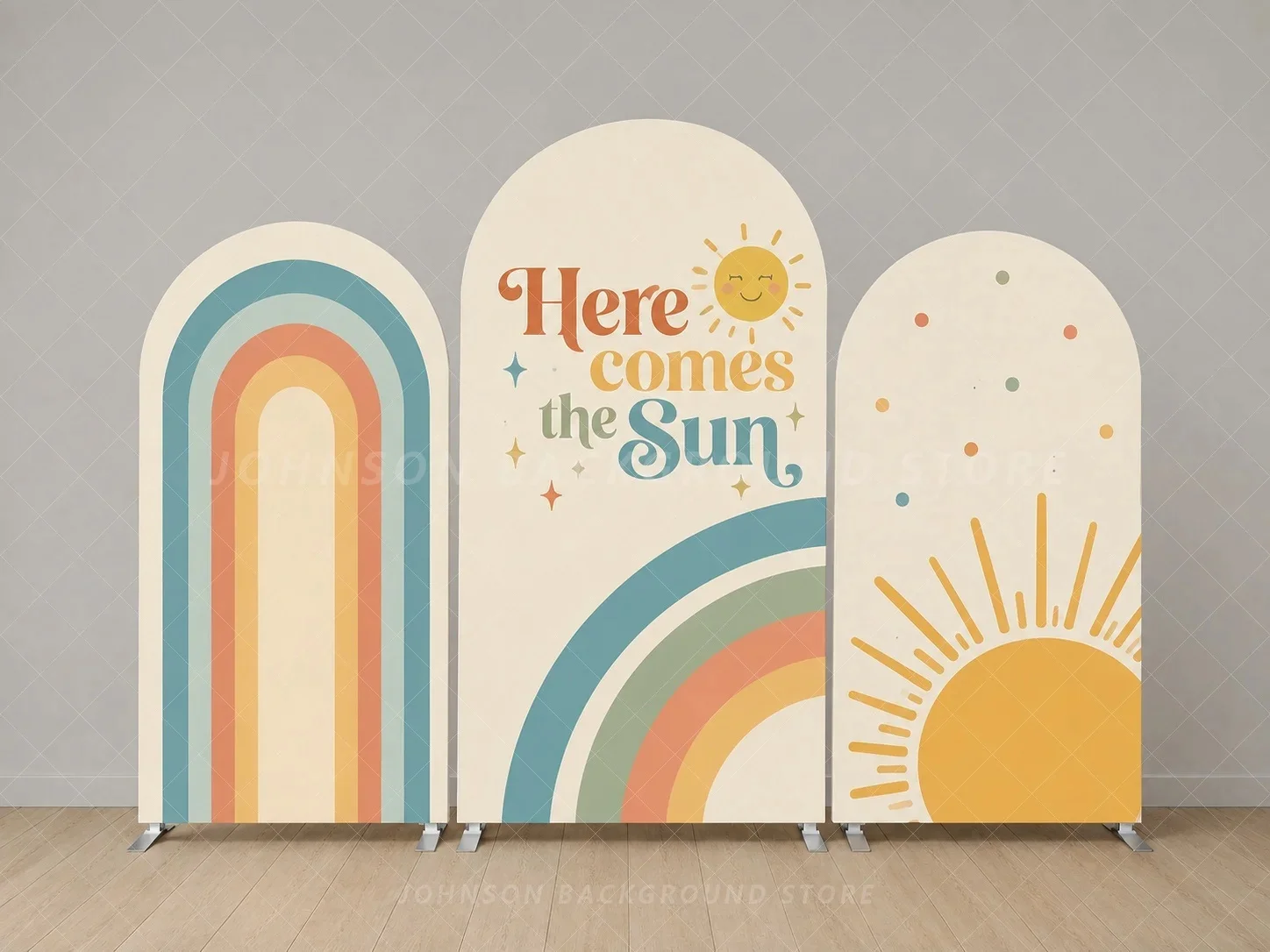 Here Comes the Sun Arch Backdrop Cover Boho Rainbow Sunshine Retro Three Panel Baby Shower Birthday star Background