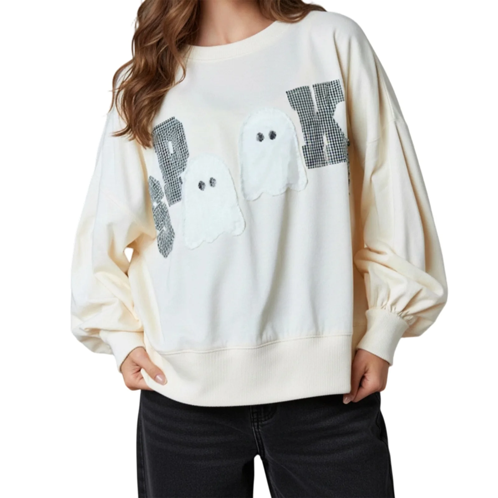 

Женская толстовка на Хэллоуин, свободный крой, стильный пуловер с надписью Ghost, круглым вырезом и длинными рукавами