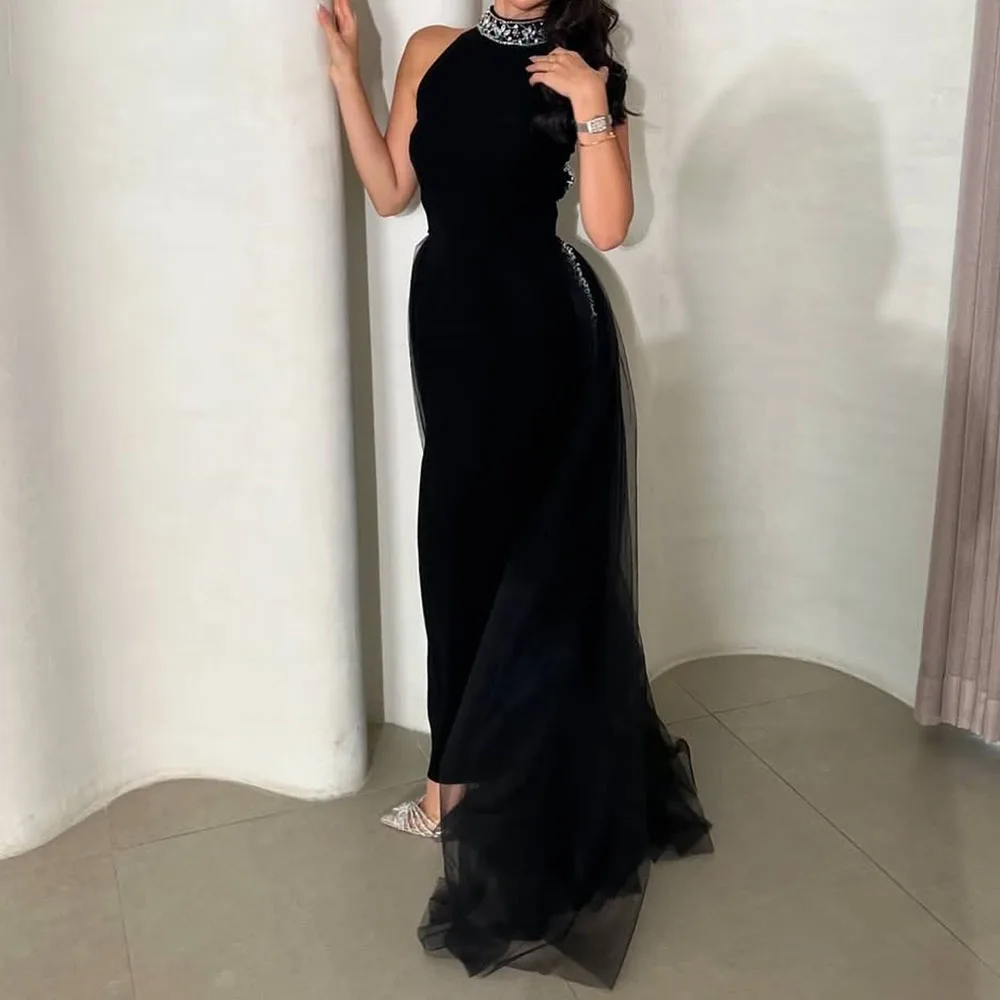 

Customized Straight Prom Dresses Floor-Length High-Neck Sleeveless Evening Gown Fashion Backless Crystal Draped Party Gown