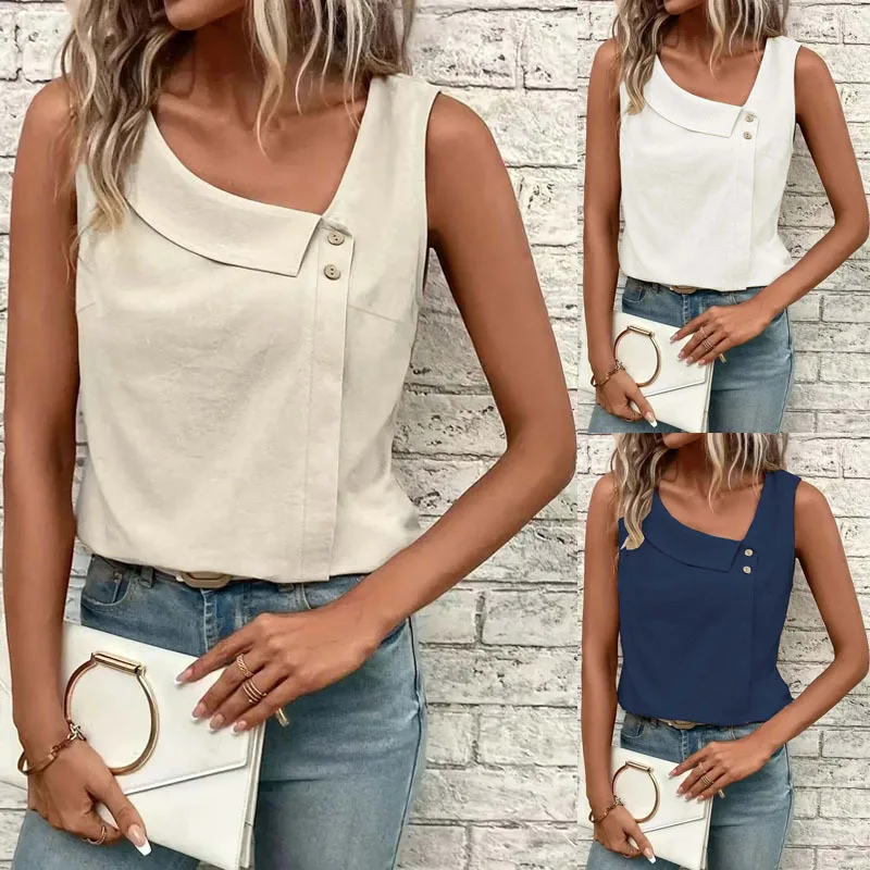 

New women's casual slanted neck sleeveless regular pullover multi-color women's top T-shirt