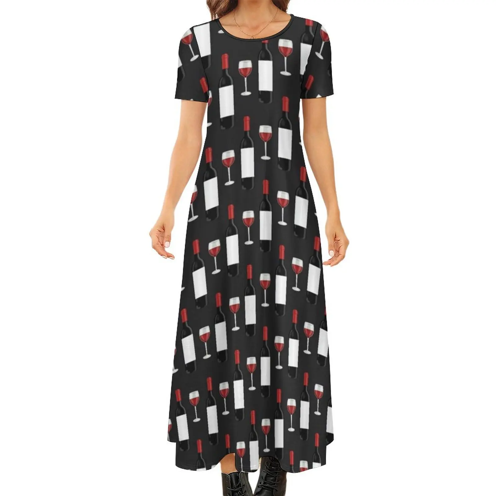 

Wine Pattern Dress Red Wine Print Cute Maxi Dress Korean Fashion Bohemia Long Dresses Female Short Sleeve Oversized Vestidos