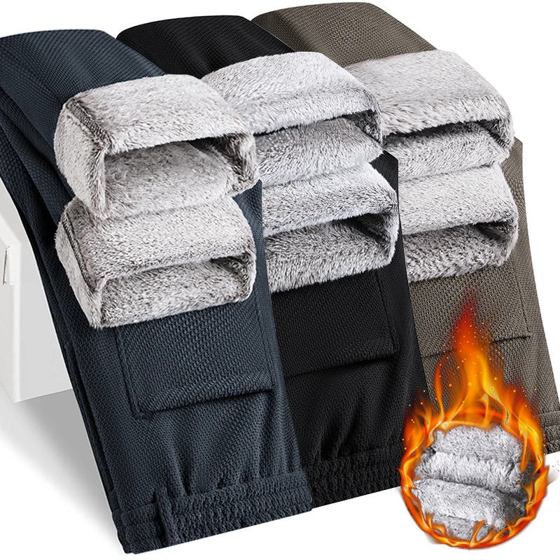 

Fleece-Lined Winter Men's Casual Pants Thickened Warm Thermal Trousers Elastic Soft Loose for Cold Weather Black/Khaki/Grey