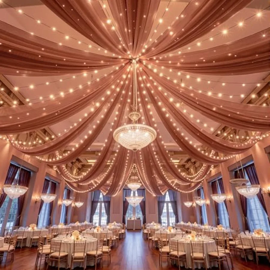 

Wedding ceiling drapes for ceremony stage decor, caramel-colored sheer tulle fabric, 5ftx10ft 6-panel swag with integrated ligh