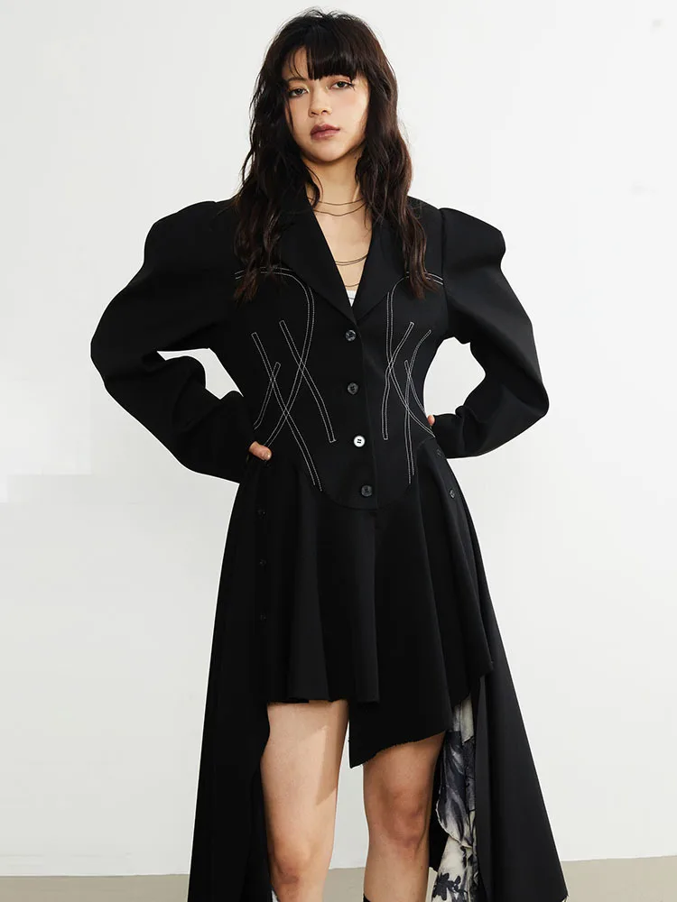 [EAM] Women Black Irregular Topstitched Elegant Long Blazer New Lapel Long Sleeve Jacket Fashion Tide Spring Autumn 2024 1DH6269