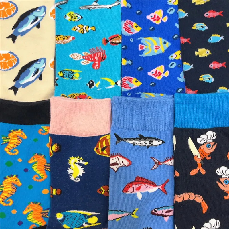 1Pair Adult Size Mid Calf Crew Cartoon Cottton Unisex Socks Underwater Sea World Tropical Fish Hippocampus Clownfish Reef Coral