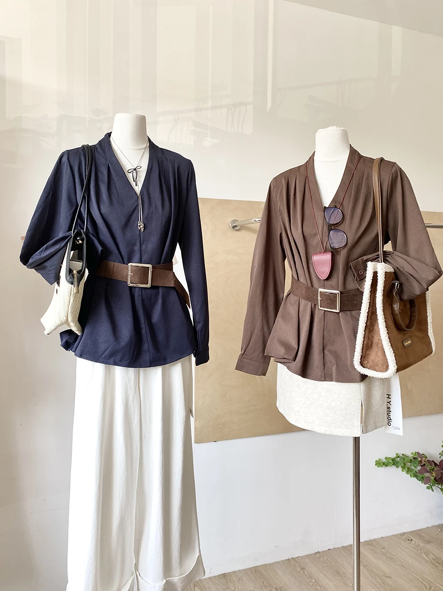 

Spring 2026 Loose Fit V-Neck Long Sleeve Shirt Women's Korean Style Retro Color Slimming Top with Belt