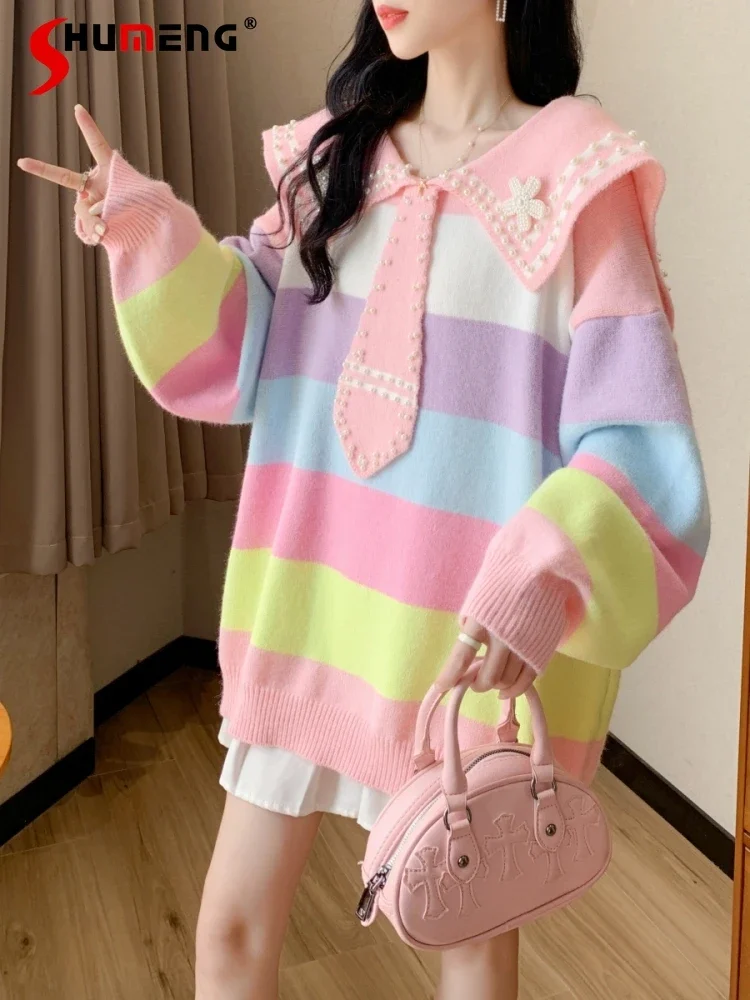 Large Size Student Stripes Mid-Length Knitted Bottoming Shirt Women\'s Autumn Loose Fairy Doll Collar Long Sleeve Sweater Ladies