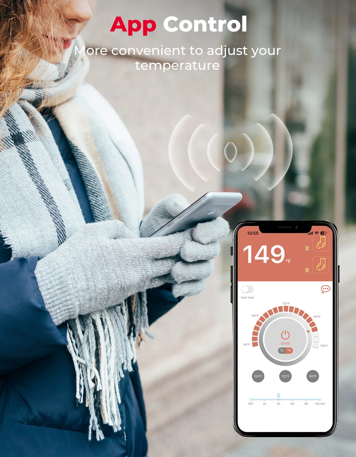 KEMIMOTO Beheizte Skisocken Winterausrüstung für Männer und Frauen mit 2 Batterien APP Bluetooth Wiederaufladbare Elektrische Fußwärmer Dicke Baumwollsocken für Wandern, Camping, Radfahren und Outdoor-Aktivitäten – Detail 14