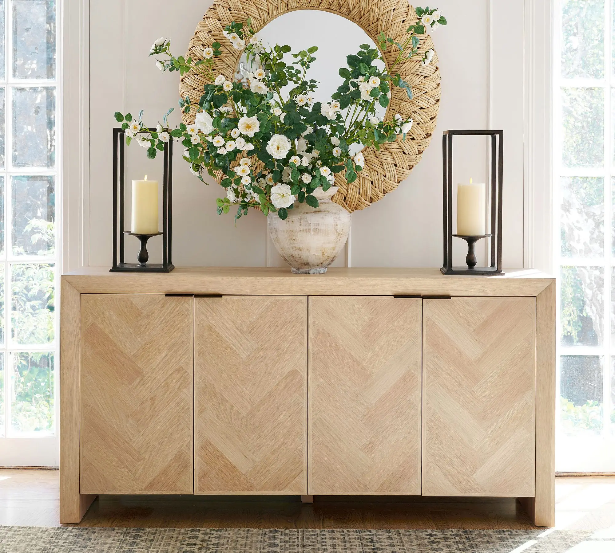 ^Modern Oak Finish 2-Door Extendable Sideboard with Adjustable Height Multi-Storage Living Room Cabinet