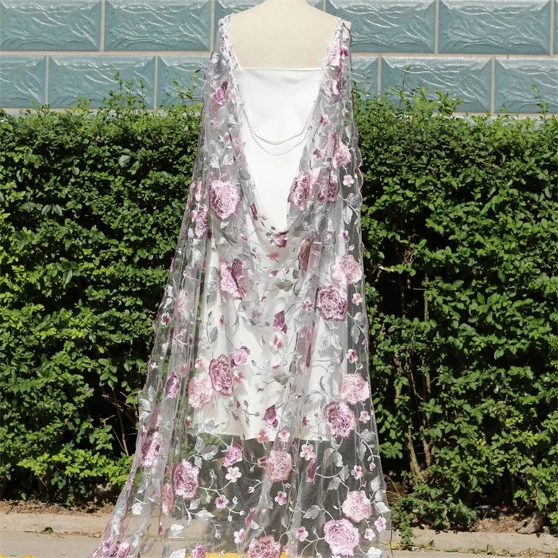 Purple Pink Grey Embroidered Flowers Leaves Floral Wedding Bridal Cape Shoulder Veils Cloak For Brides Long Lace Trim Unique