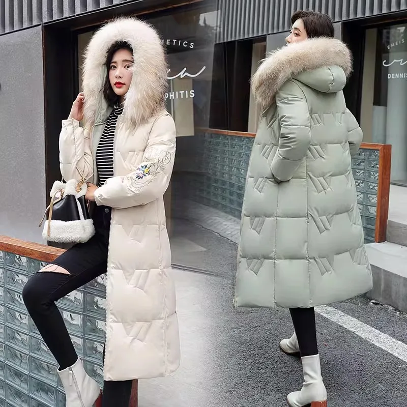 Women Winter Two Sides Jacket With Fur Hooded Long Cotton Padded Female Warm Coat Outwear Print Parka