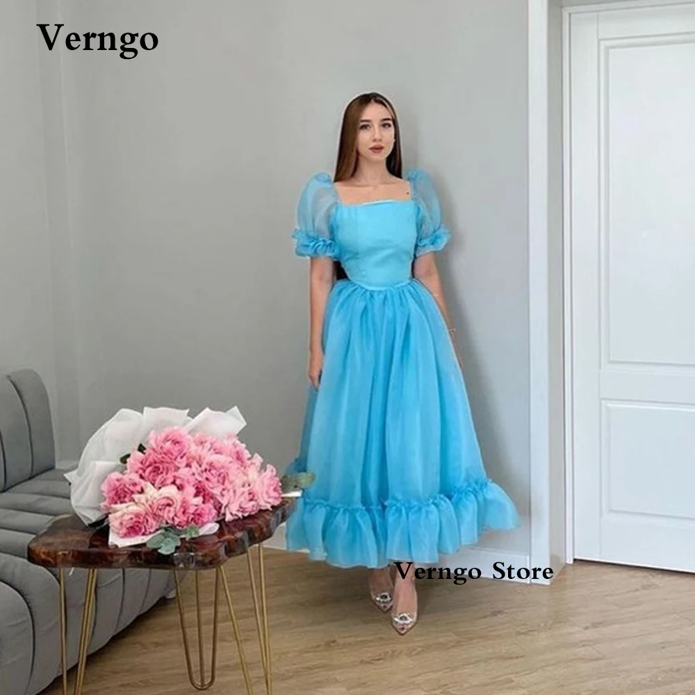 

Verngo Simple A Line Ice Blue Organza Formal Party Dresses Short Puff Sleeves Square Neck Tiered Ankle Length Prom Evening Gowns