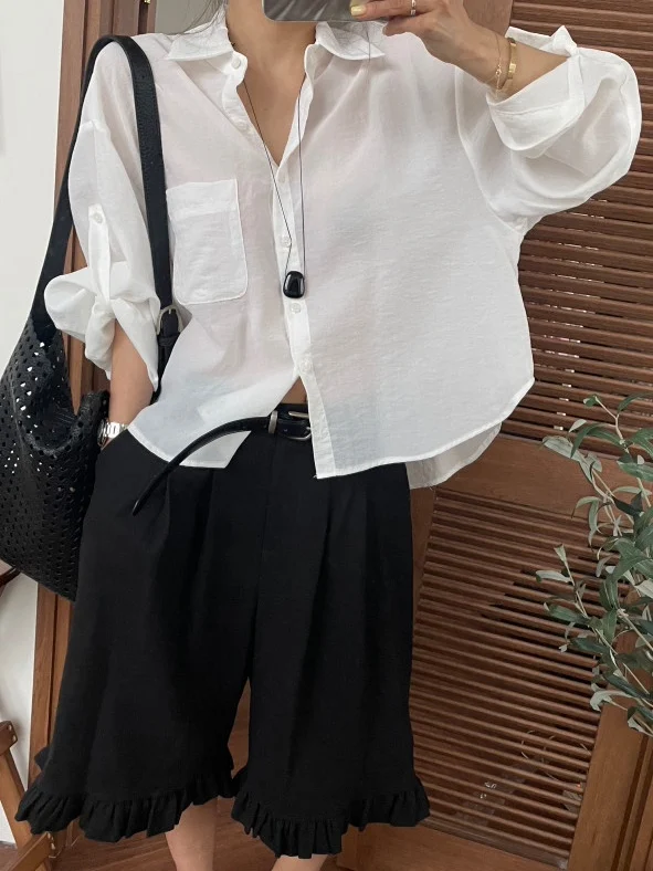 

Loose Single Button Turn-down Collar Women's Fashion Pocket Thin Design Casual Long Sleeve Sun Protection Outerwear Top