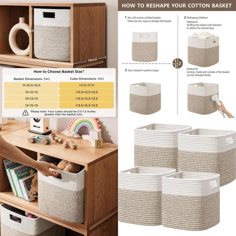

4-Cube Storage Set - 13 x 13 x 13, Cotton Rope Baskets for Shelves, Toys, Books, Storage Bins with Handles, Woven Baskets for Or