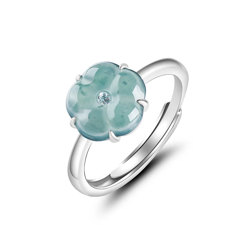 Natural A-grade Jade Blue Peach Blossom Ring Ice Jadeite Petals S925 Silver Set Fashion Ring For Women's Jewelry Adjustment