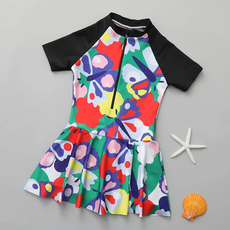 Girls Floral Print Dress Kids Short Sleeves Jumpsuits Swimsuits Children Summer Princess Beachwear 2024 New Baby Sports Vestidos