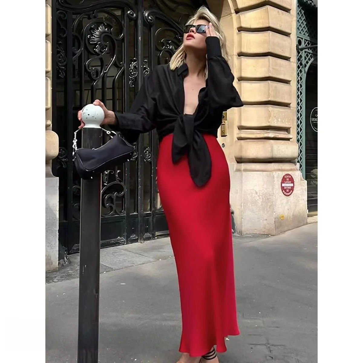 

Faionable Red High Waist Satin Fi Tail Skirt Women's Commute Sle Long H-ape Skirt Pure Color Ele Autumn Season