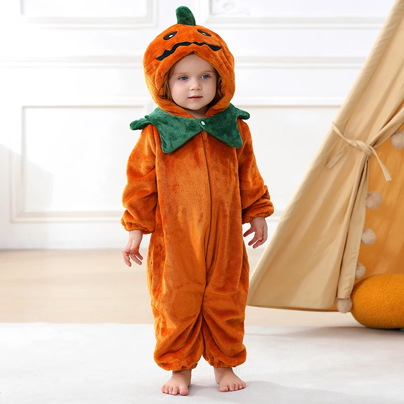 Newborn Infant Toddler Unisex Hooded Pumpkin Halloween Costume Plush Warm Fleece Romper Jumpsuit One-Piece Outfit