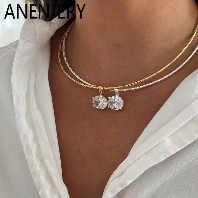 ANENJERY 316L Edelstahl Runde Zirkon Anhänger Halskette für Damen Schlüsselbeinkette Choker Französisches Luxus-Design Schmuck Geschenke