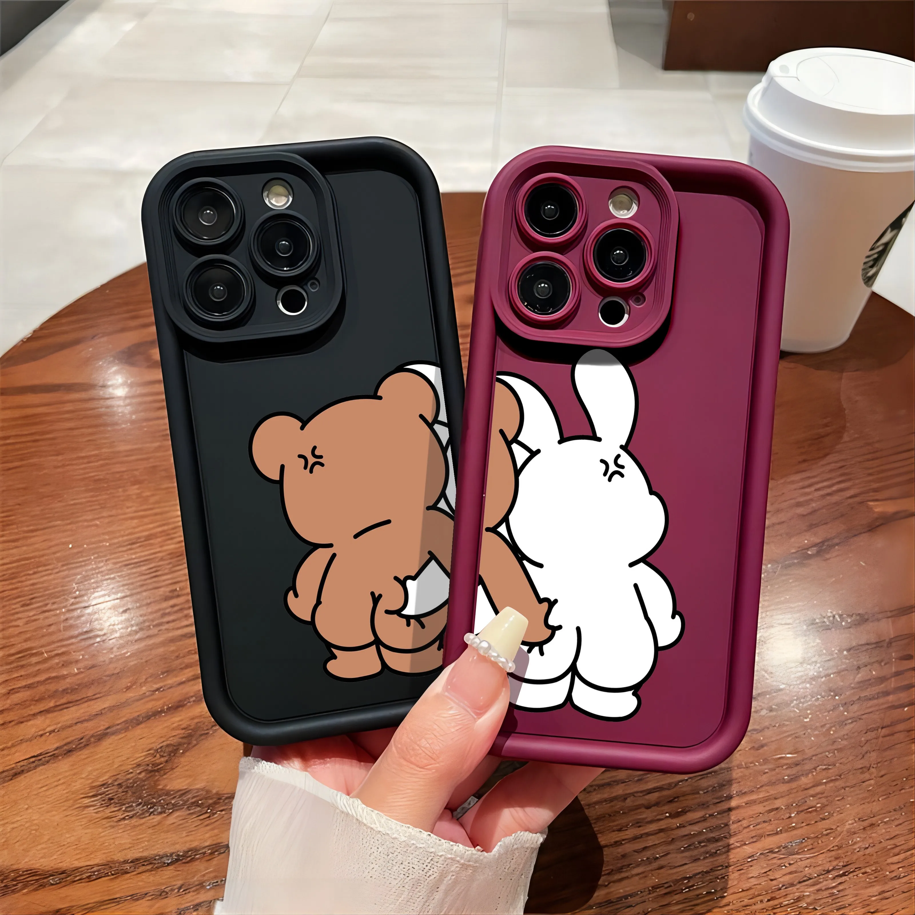 Funny Bear Bunny Couple Silicone Camera Protection Phone Case For iPhone 15 14 13 12 11 Pro Max XS X XR 7 8 Plus ShockproofCover