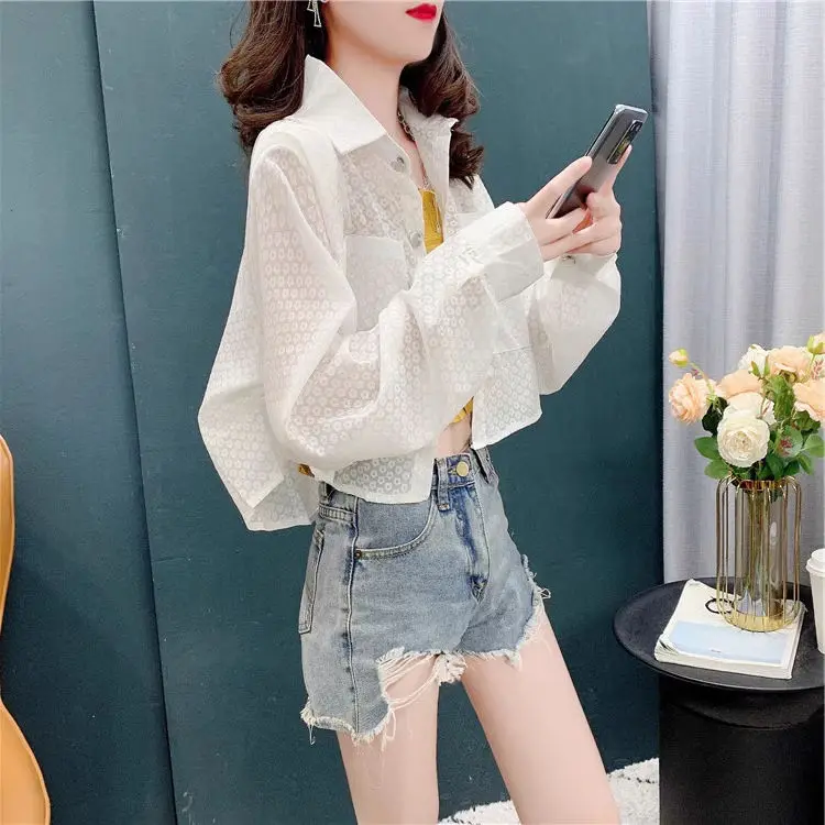 Summer Women Blouses Puff Sleeve Long Chiffon Sunscreen Shirts Cardigan Black White Loose Casual Sun Protection Shirt Tops A488