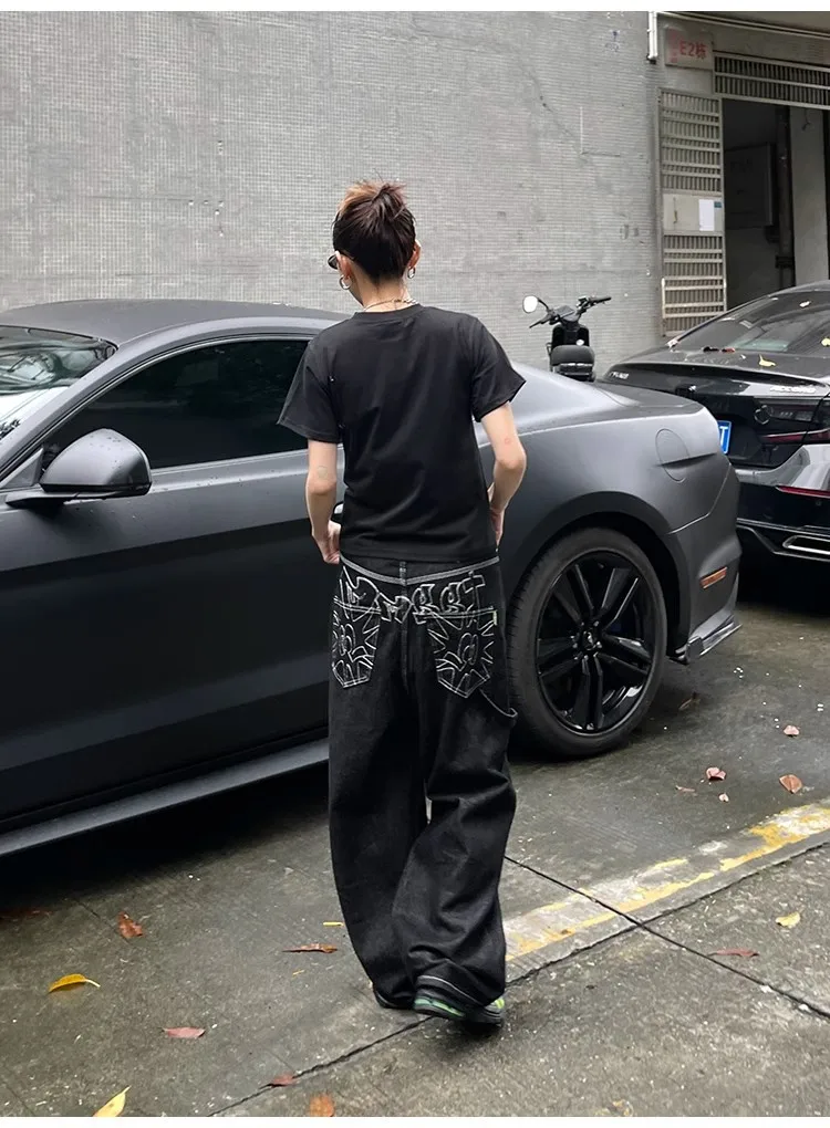 Y2k Vintage Embroidery Black Jeans Women Oversized Streetwear Grunge Baggy Denim Trousers Boyfriend Jeans Hip Hop Gothic