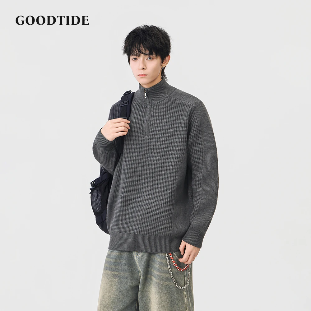 Fashion Men's Casual Half - Zip Mock Neck Sweater 2025 Winter New Waffle Knit Pullover Comfortable Soft Long Sleeve Jumper Top